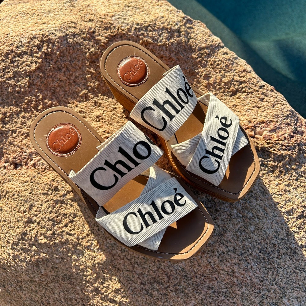 CHLOÉ Woody Logo Canvas Wedge Women's Espadrilles used